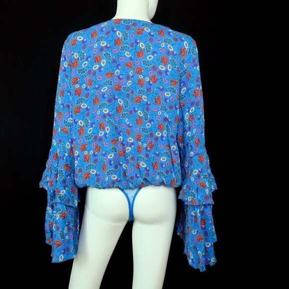 Free People Intimately She's Dainty Blue Bodysuit Top Flared Sleeve Medium - Picture 2 of 4